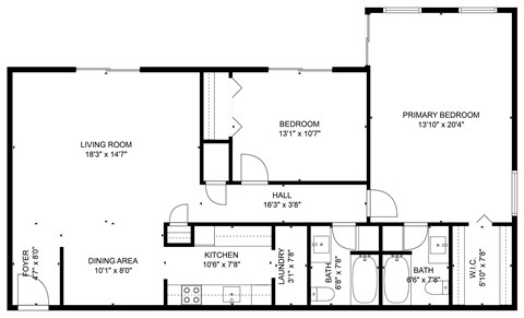 Floor plan for 2 beds, 2 baths, 930 sqft